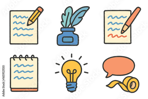 Famous Quotes Icons. Flat vector mini-illustrations handwritten famous quotes in colors children's