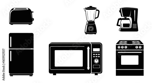 Silhouette icons of various kitchen appliances, including a toaster, blender, coffee maker, refrigerator, microwave, and stove.