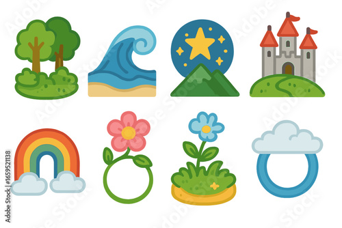 Whimsical Storybook Icons. Flat vector mini-illustrations storybook settings in colors children's illustrations: magical forest