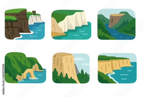 Famous Cliffs Icons. Flat vector mini-illustrations Famous cliffs of the world in colors children's