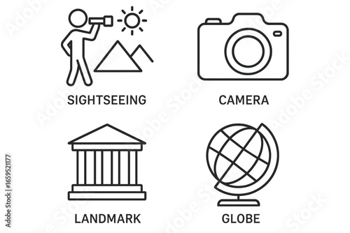 Sightseeing and travel icons featuring camera, landmark, and globe symbols