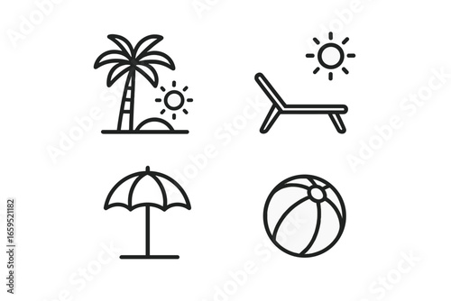Summer icon set: palm tree, sunbathing chair, umbrella, beach ball line art