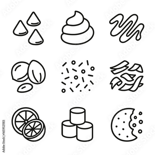 White Chocolate Toppings Icons. Outline icon set of white chocolate desserts toppings: white chocolate chips, whipped cream,
