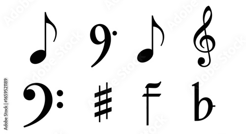 Collection of musical symbols including notes, clefs, and accidentals in black on a white background.