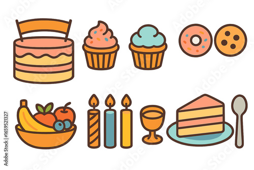 Farewell Sweet Treats. Flat vector mini-illustrations farewell cake and treats in colors children's