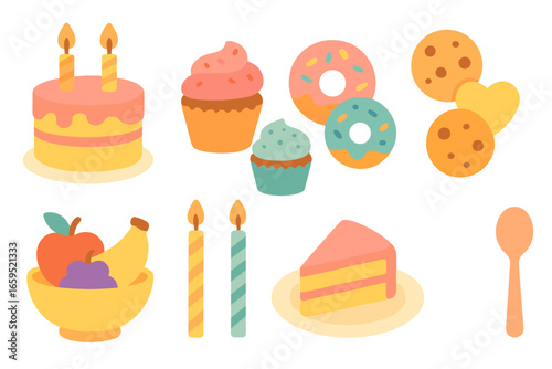 Farewell Sweet Treats. Flat vector mini-illustrations farewell cake and treats in colors children's