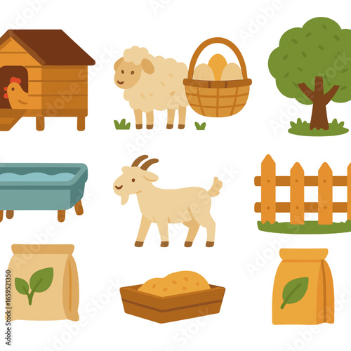Farm Animals Icons. Flat vector mini-illustrations free-range livestock farming in colors children's