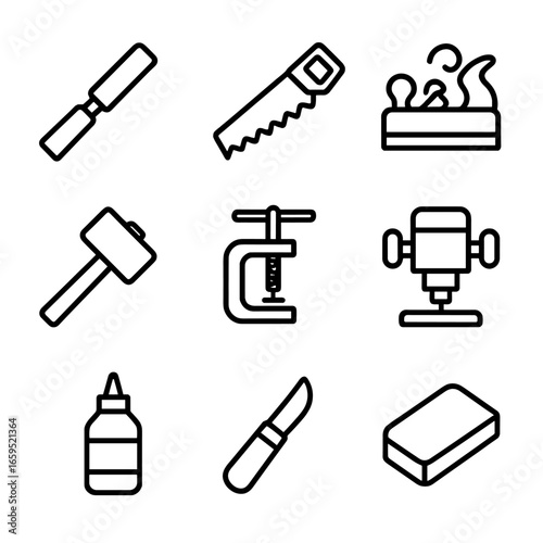 Woodworking Tools Icons. Outline icon set of woodworking tools: chisel, hand saw, plane, mallet, wood clamp, router, wood glue,