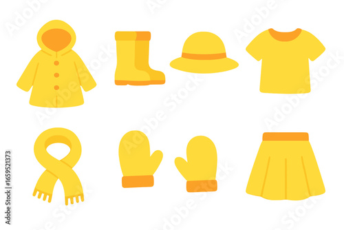 Yellow Clothing Icons. Flat vector mini-illustrations yellow clothing in colors children's illustrations: raincoat, rubber boots,