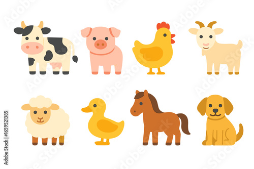 Farm Animals Icons. Flat vector mini-illustrations animals in the farm habitat in colors children's
