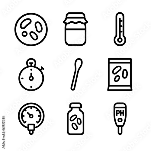 Yogurt Fermentation Icons. Outline icon set of yogurt culture and fermentation: bacteria culture, fermentation jar, thermometer,