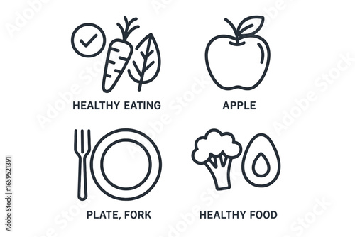 Healthy eating icons: carrot, apple, broccoli, avocado, plate, fork