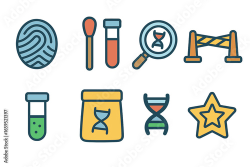 Forensic Science Icons. Flat vector mini-illustrations DNA in forensic science in colors children's illustrations: fingerprint,
