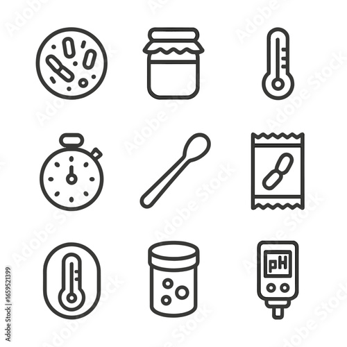Yogurt Fermentation Icons. Outline icon set of yogurt culture and fermentation: bacteria culture, fermentation jar, thermometer,