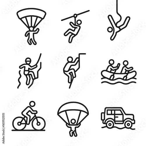 Adventure Sports Icons. Outline icon set of footstep in adventure sports: skydiving, zipline, bungee jump, canyoning, rock