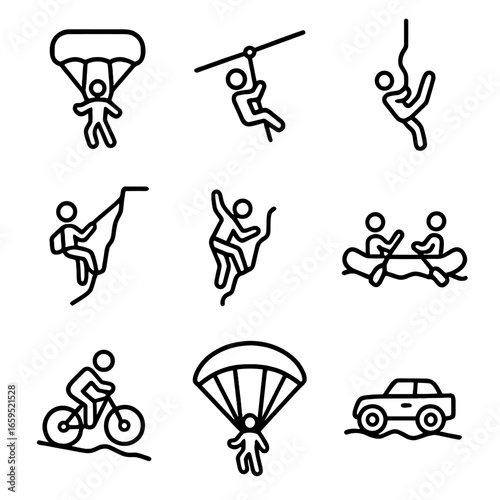 Adventure Sports Icons. Outline icon set of footstep in adventure sports: skydiving, zipline, bungee jump, canyoning, rock