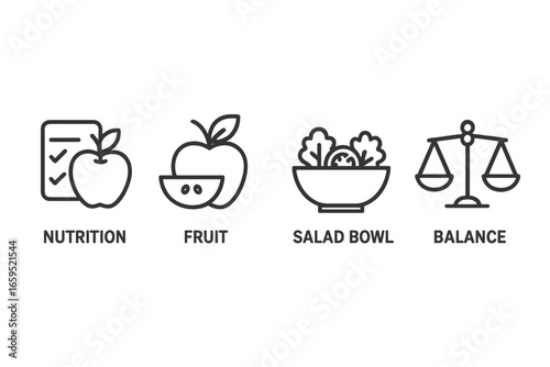 Icons of nutrition: apple, fruit, salad bowl, and balance scale illustrations