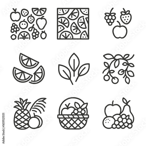Fruit Icon Set. Outline icon set of fruity patterns and decorations: fruit prints, fruit slices pattern, berry clusters, citrus