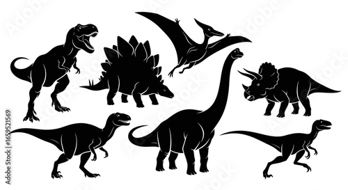 Silhouette illustration of various dinosaurs including a T-Rex, Stegosaurus, Pterodactyl, Triceratops, and long-necked dinosaurs.