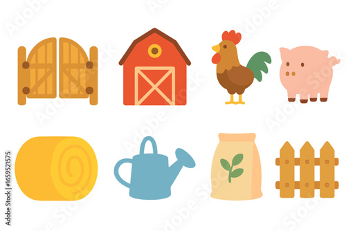 Farmyard Icons for Kids. Flat vector mini-illustrations farmyard entrance in colors children's illustrations:
