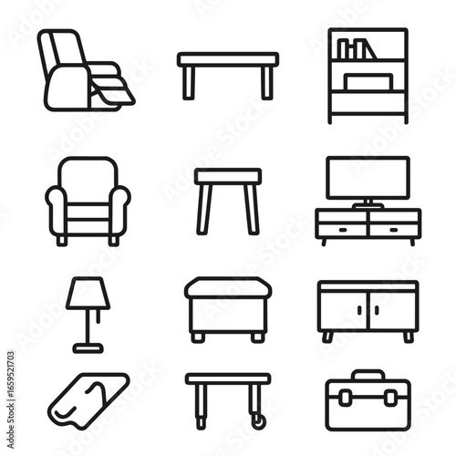 Furniture Icon Set. Outline icon set of living room furniture: recliner, coffee table, TV stand, bookshelf, armchair, side table,