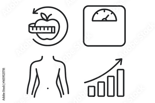 Weight management icons: apple, scale, body, graph illustrations