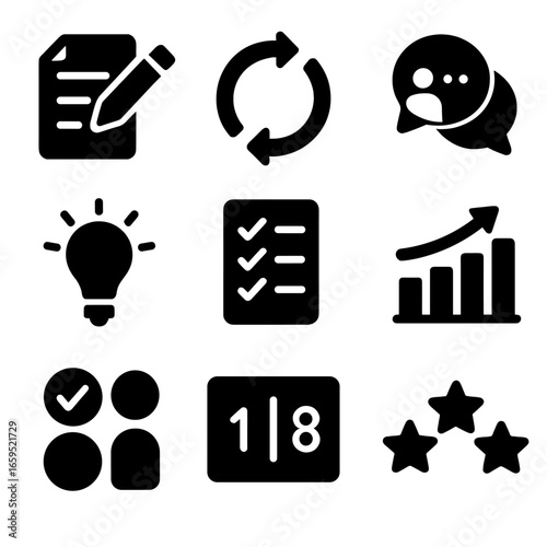Feedback Icon Set. Solid, filled icons set of feedback and improvement: paper with pencil icon, revision