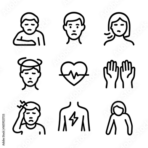 Anemia Symptoms Icons. Outline icon set of anemia symptoms: fatigue, pale skin, shortness of breath, dizziness, rapid heartbeat,