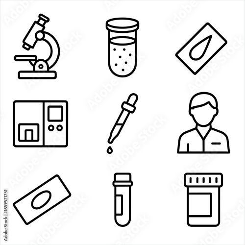 Anemia Lab Icon Set. Outline icon set of anemia lab equipment: microscope, test tube, centrifuge, blood smear, hematology analyzer