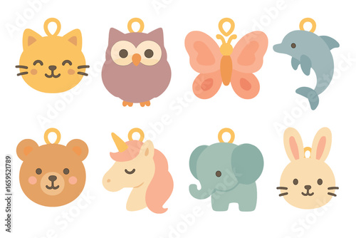 Animal Locket Collection. Flat vector mini-illustrations animal-shaped lockets in colors children's illustrations: cat-shaped