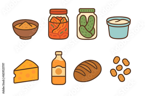 Fermented Foods Illustrations. Flat vector mini-illustrations fermented foods in colors children's