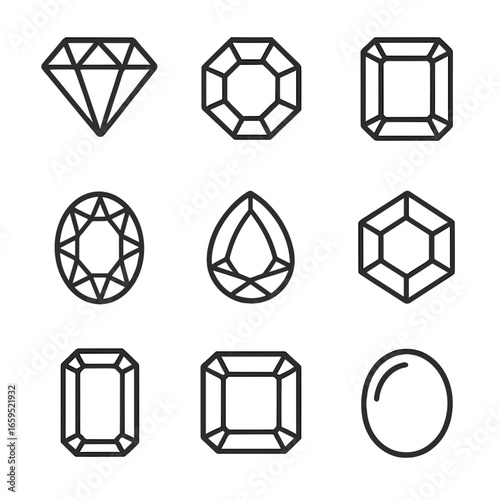 Gemstone Outline Icons. Outline icon set of gemstones: diamond, ruby, emerald, sapphire, amethyst, topaz, garnet, opal, aquamarine