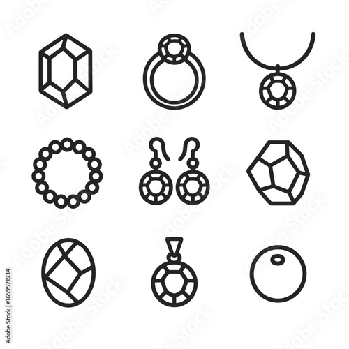 Garnet Jewelry Icons. Outline icon set of garnet: garnet stone, garnet ring, garnet necklace, garnet bracelet, garnet earrings,