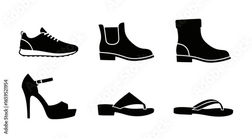 A collection of diverse footwear silhouettes, showcasing various shoe styles in black.