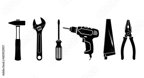 A collection of various tools including a hammer, wrench, screwdriver, drill, saw, and pliers, all depicted as black silhouettes.