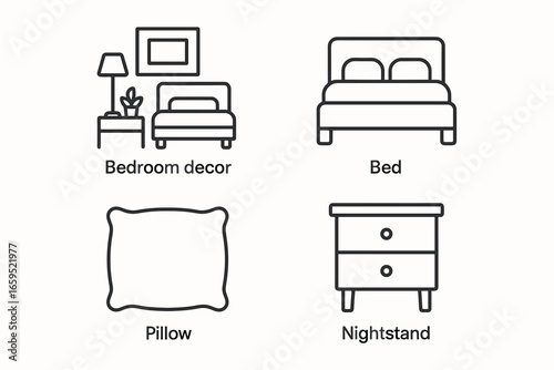 Minimalistic bedroom icons set featuring bed, pillow, nightstand, and decor elements