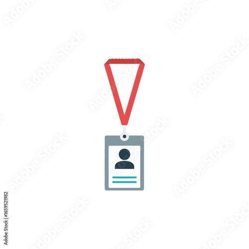 A white lanyard with a red strap holding a rectangular identification badge featuring a silhouette of a person and lines for text.
