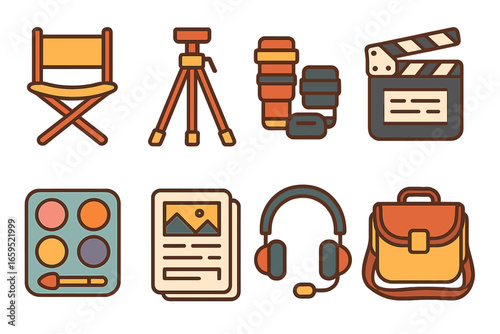 Film Shoot Icons. Flat vector mini-illustrations film shoot preparation in colors children's illustrations: