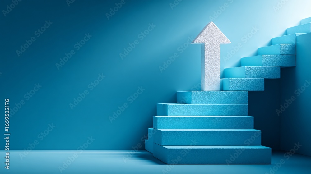 Obraz premium Stairway to success with arrow pointing up on blue background