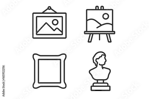 Artistic elements line art with frames, easel, and sculpture bust