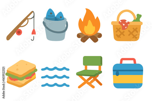Fishing Picnic Icons. Flat vector mini-illustrations fishing and picnic in colors children's illustrations: