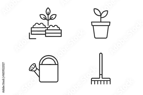 Gardening essentials: plant, pot, watering can, and rake icons