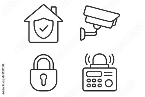 Home security icons featuring camera, alarm system, lock, and safe house symbols