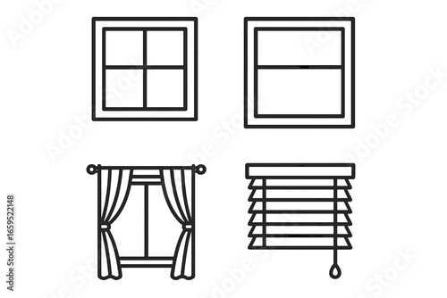Window designs and treatments: grid, single-hung, curtains, blinds