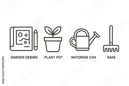 Garden design essentials: plan, plant pot, watering can, rake icons
