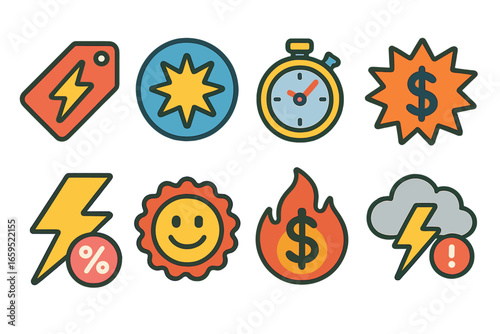 Flash Sale Icons. Flat vector mini-illustrations of flash sales in colors children's illustrations: lightning