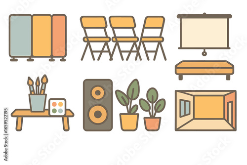 Flexible Community Spaces. Flat vector mini-illustrations Flexible indoor spaces for community use in colors