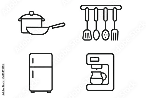 Outline icons of kitchen items: cookware, utensils, refrigerator, coffee maker