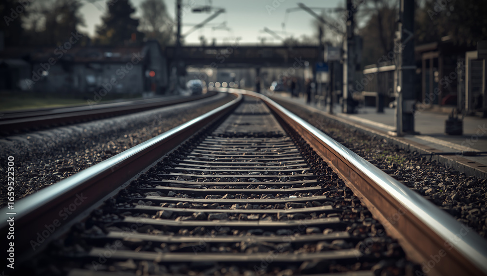 Fototapeta premium Railway Tracks Perspective at Train Station
