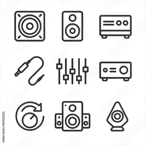 Bass Audio Icon Set. Outline icon set of bass in audio equipment: subwoofer, bass speaker, amplifier, audio cable, equalizer,